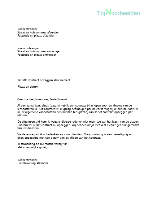 Brief contract opzeggen